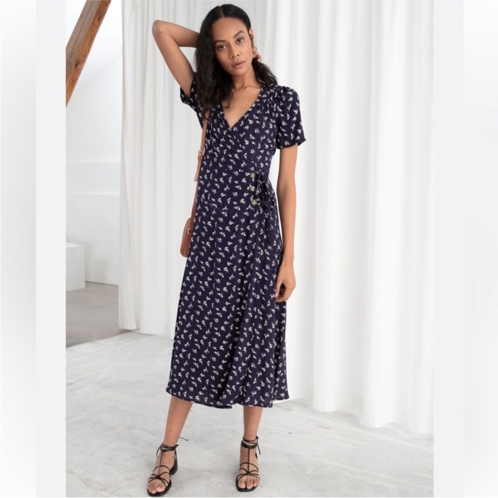 & Other Stories Navy and white wrap dress midi